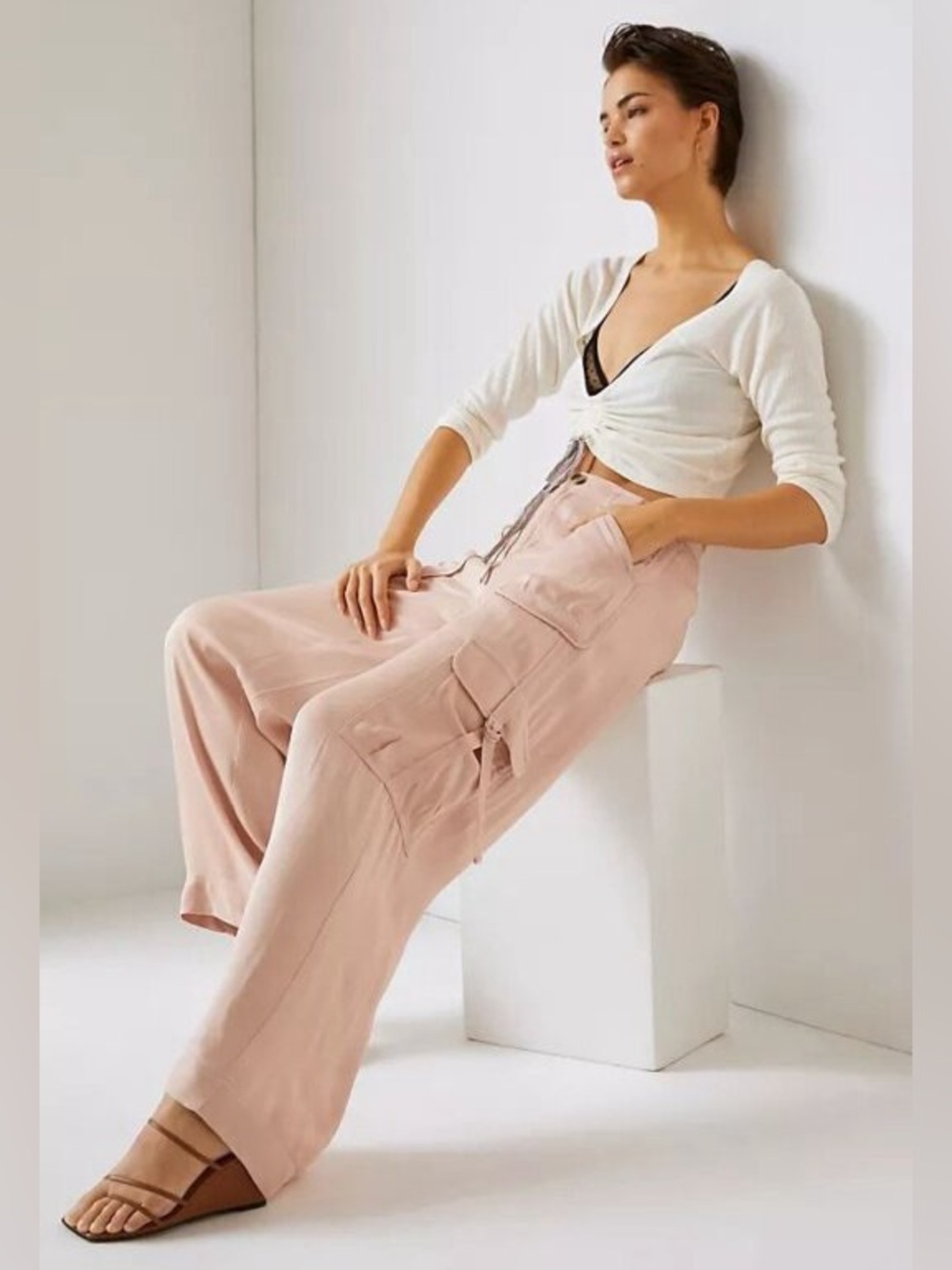 Anthropologie Pink Wide Leg Cargo Pants High Rise 100% Viscose Size 4 - Picture 1 of 9